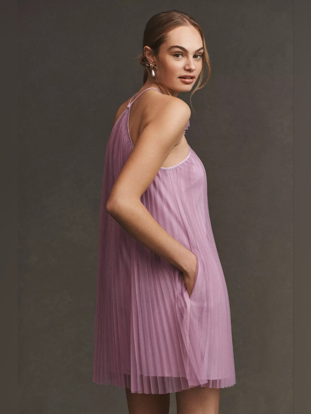Pleated Halter Mini Dress with Floral Neck Accent - Lavender - Picture 3 of 9